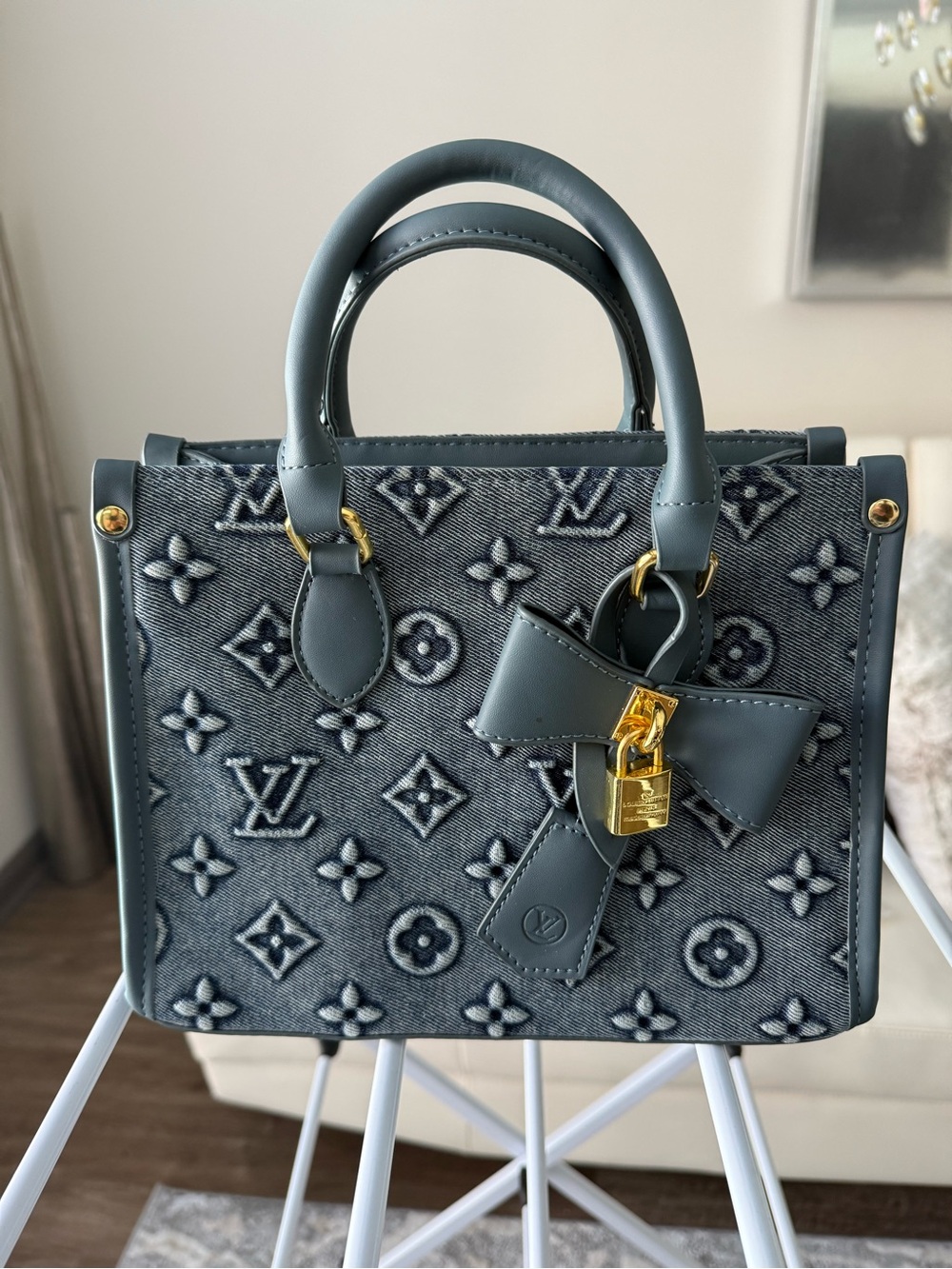 Designer Inspired Blue Denim Monogram Handbag with Bow.